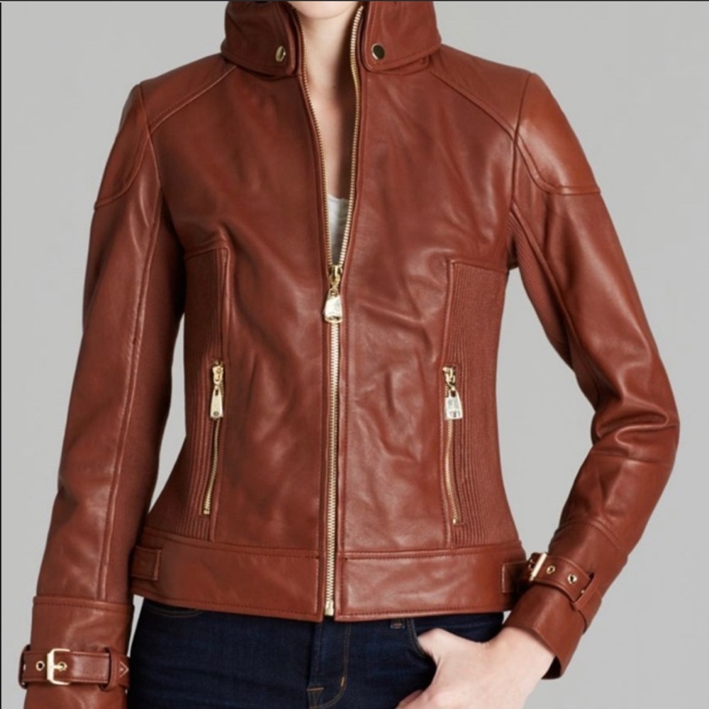 Via Spiga Cognac Brown Genuine Leather Jacket